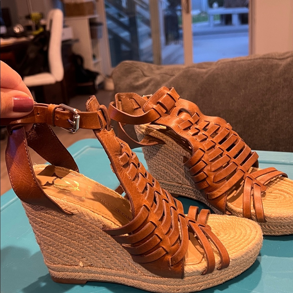 Vince Camuto Signature Cognac Leather Wedge Sandals
